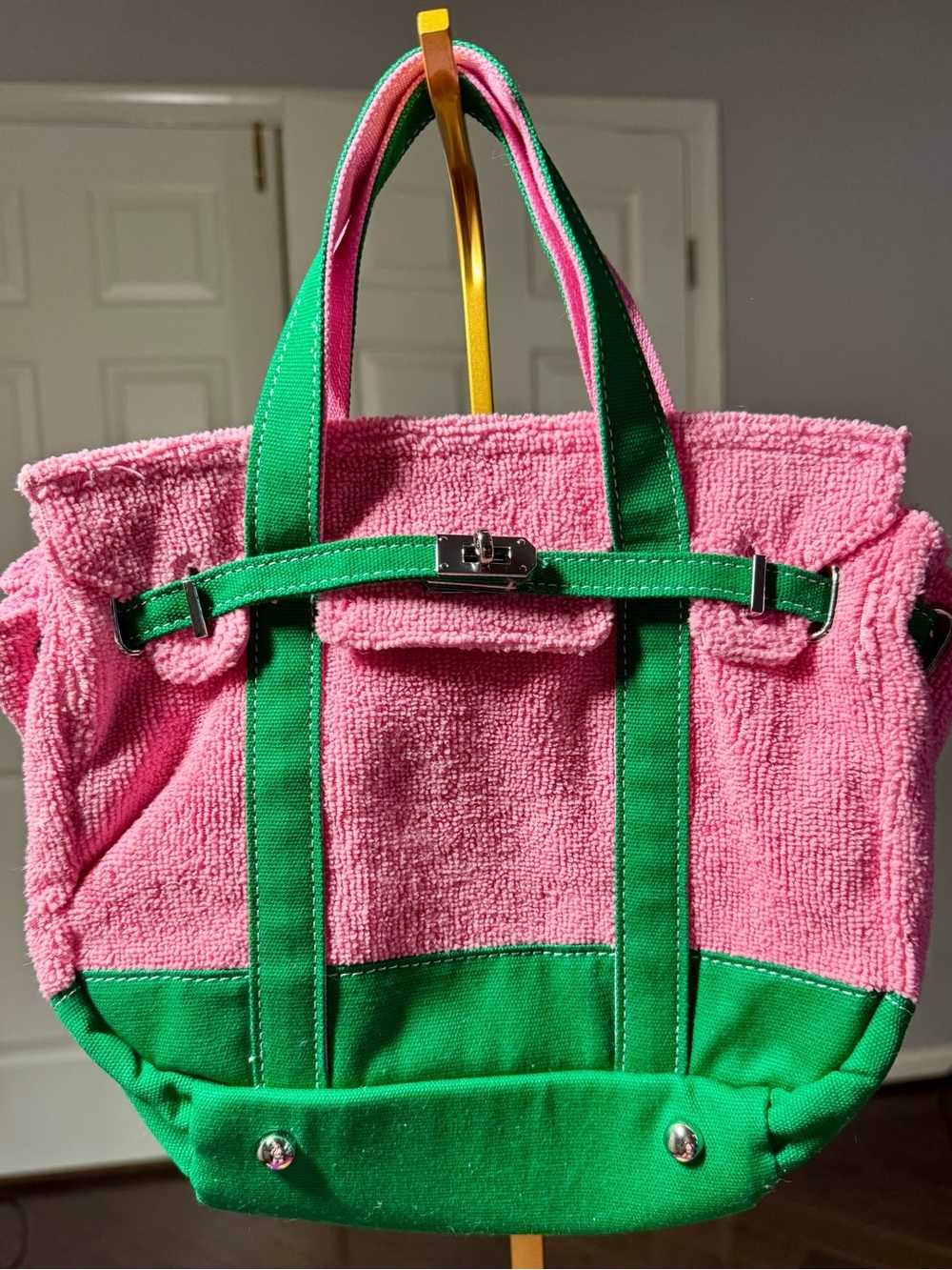 NWOT Sunwin Madaket Terry Cloth Boatkin Mini Tote Pink Green